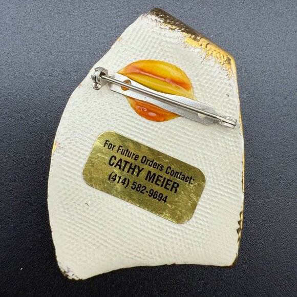 Handmade Zebra Print Ceramic Brooch Gold-Trimmed Pin Art By Cathy Meier - Picture 3 of 4